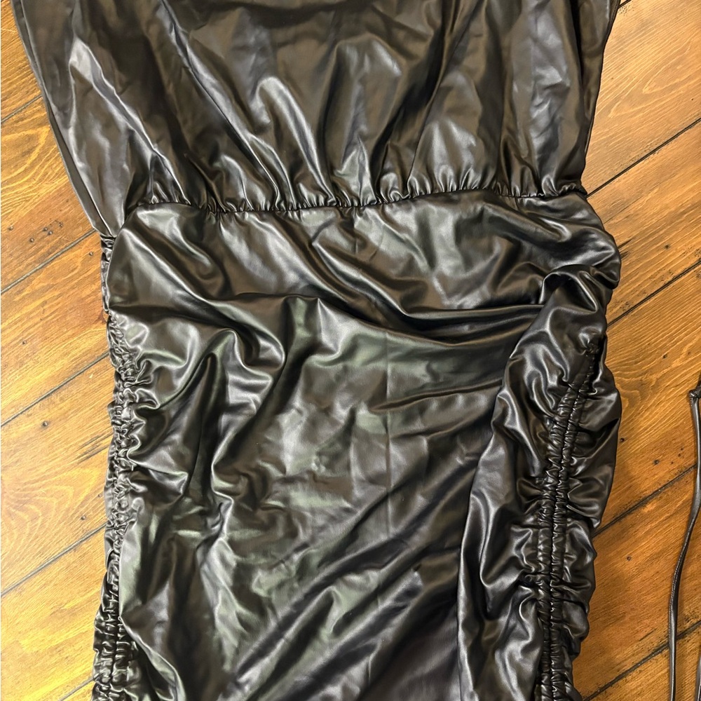 Fashion Nova Shiny Black Ruched Dress